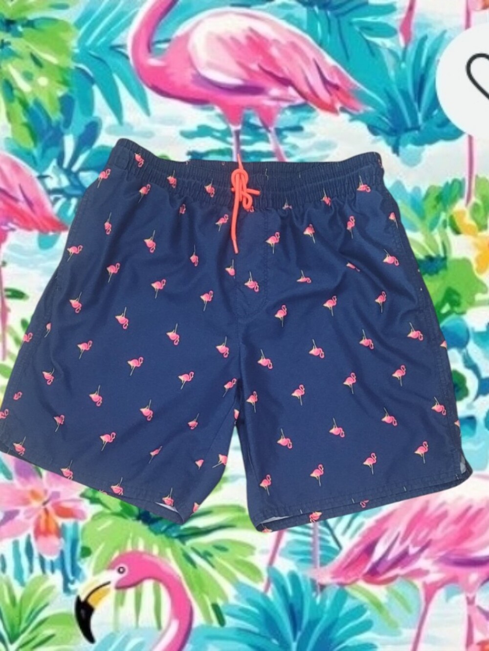 Old Navy Boy's Youth NavOld Navy y Blue Swim Trunks With All-over Flamingo Print